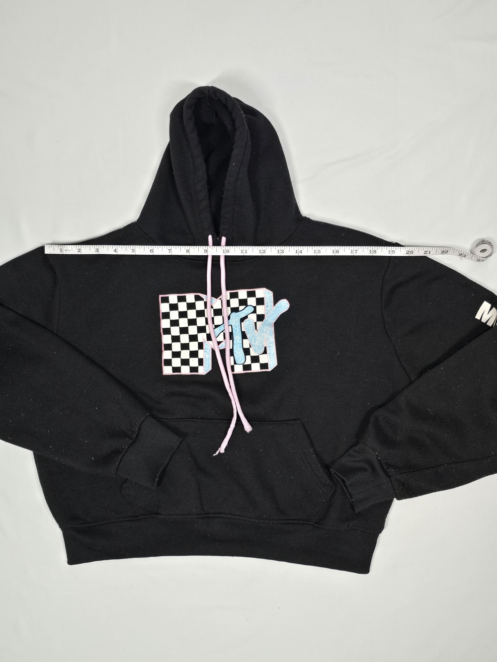 MTV Retro Logo Cropped Black Hoodie Sweatshirt Size S - Picture 3 of 7